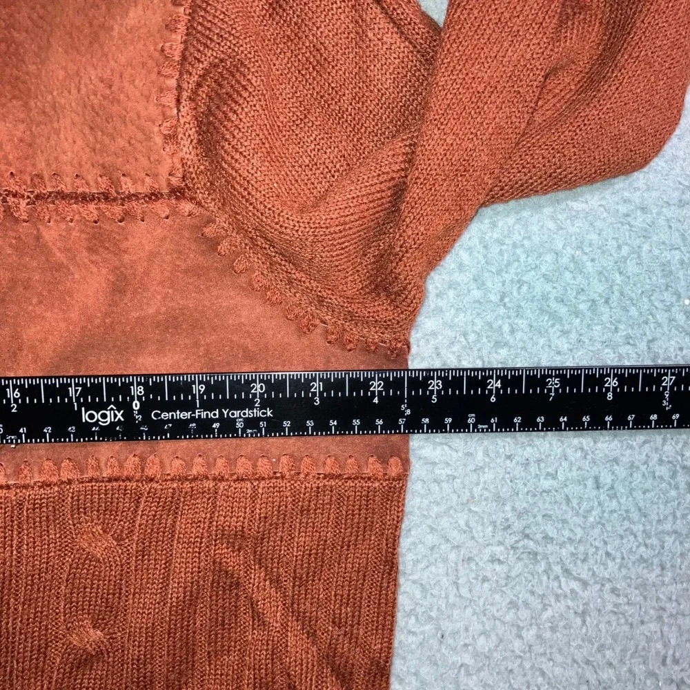 Vtg Leather Patchwork Sweater Mens L Rust Orange Knit‎ Two Way Zip Mock Neck y2k